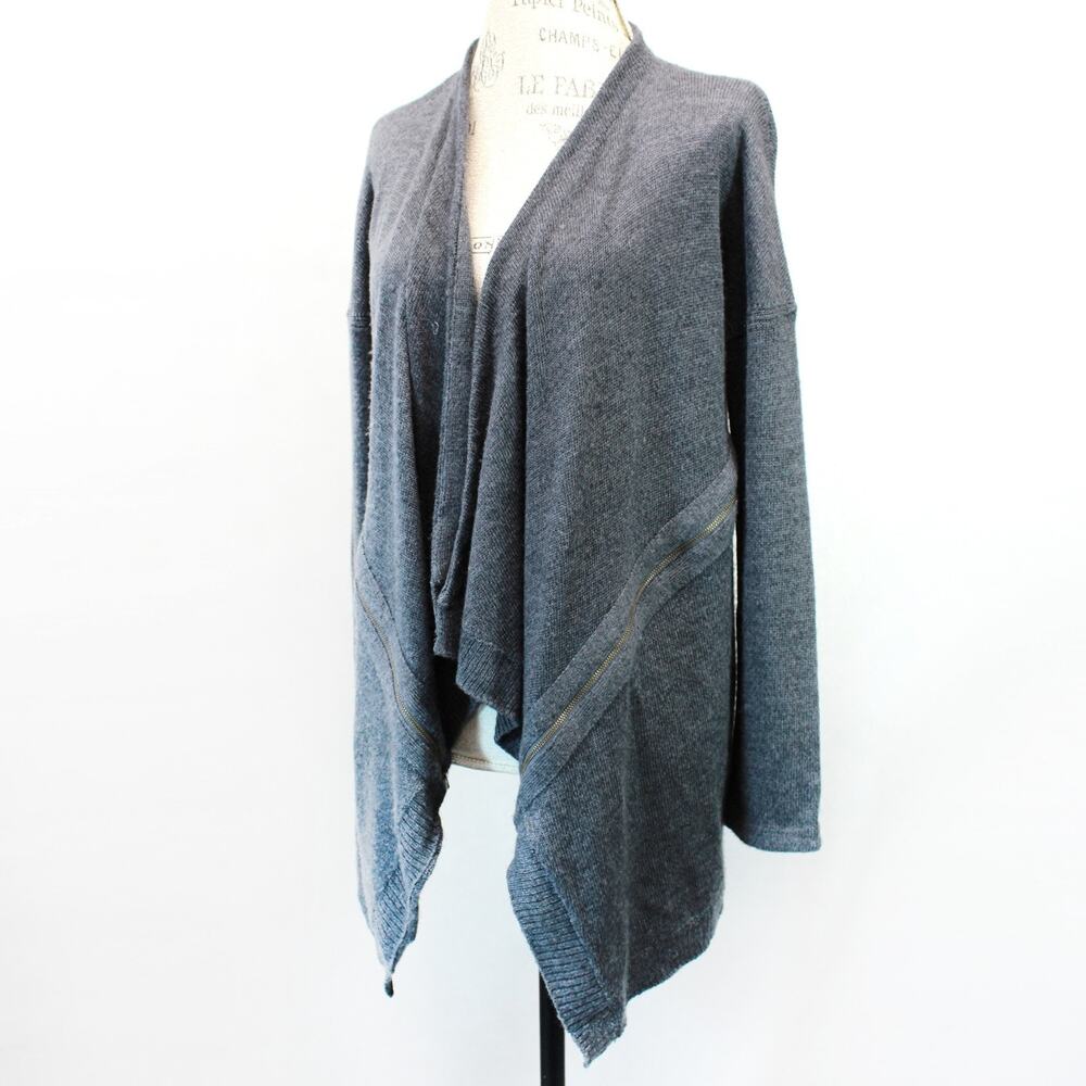 Garnet Hill Gray Knit Sweater Cardigan Designed Zip Details Open Front Small